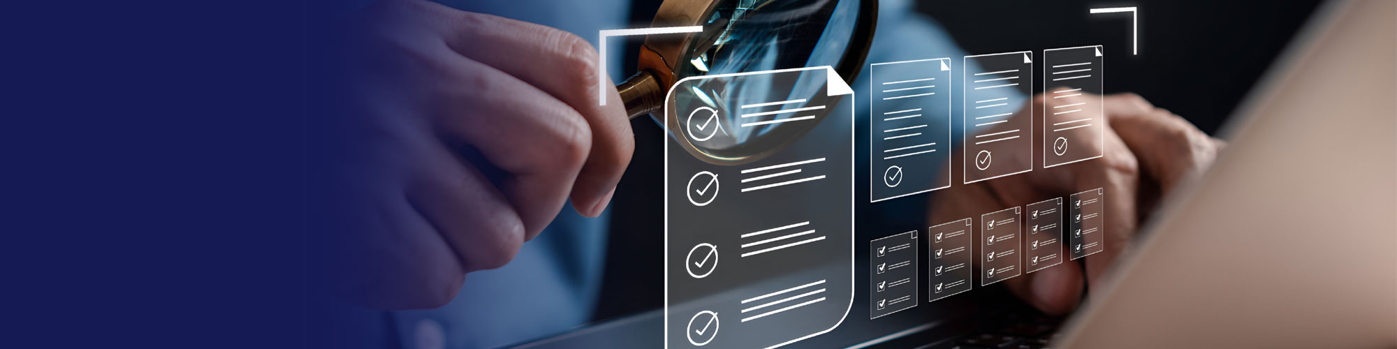 Business user reviewing a digital risk assessment checklist on a virtual screen