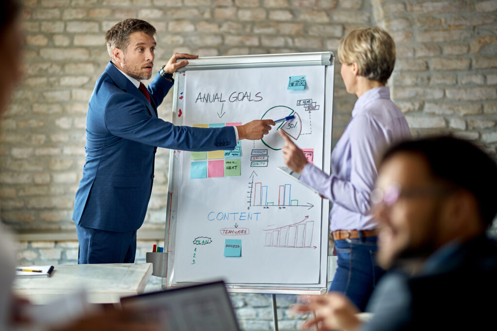Business leaders planning annual technology goals on a whiteboard