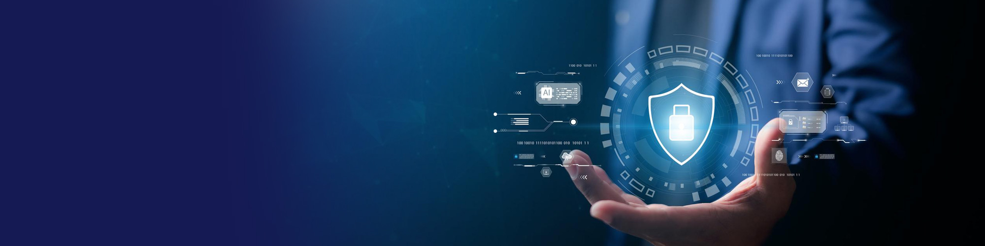 Hand holding a glowing padlock shield surrounded by security data icons
