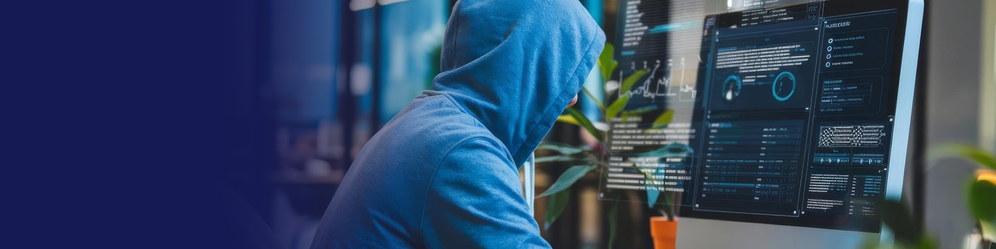 Hooded hacker at a computer screen showing code
