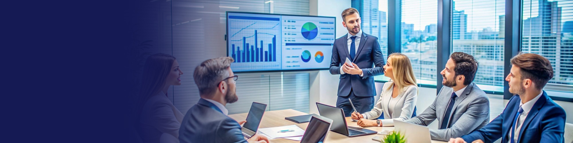 IT consultant presenting analytics to a business team in a boardroom