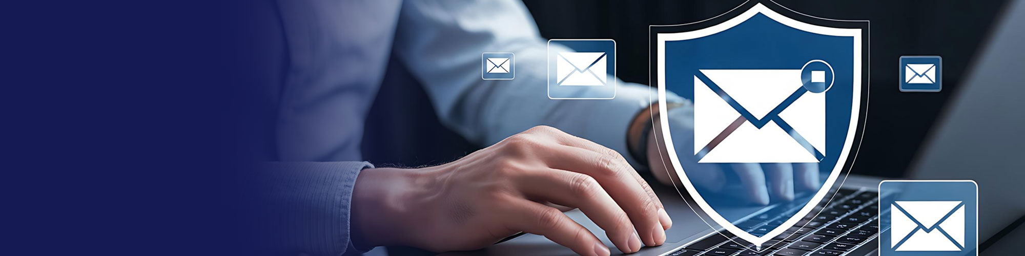 Person typing on a laptop behind an email security shield icon
