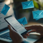 Person reading email on a smartphone with floating envelope icons
