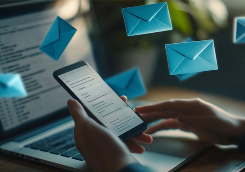 Person reading email on a smartphone with floating envelope icons