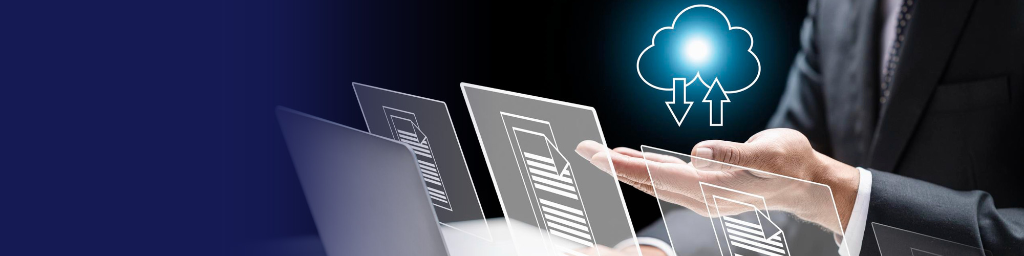 Business professional moving digital documents to a cloud icon