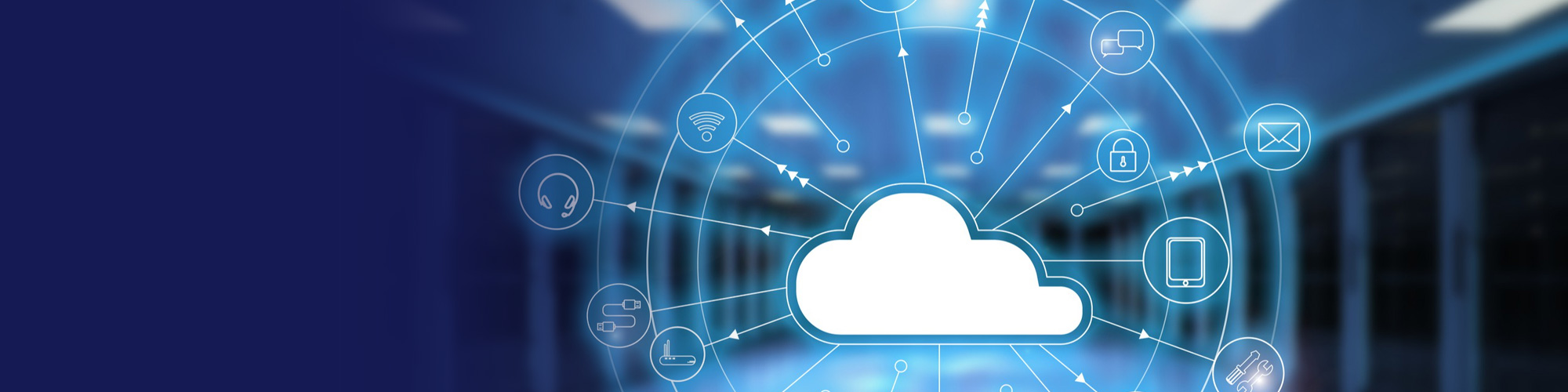 Cloud computing icon connected to network devices in a data centre