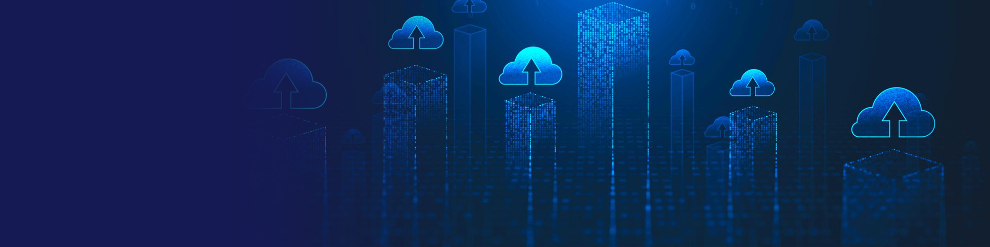 Cloud upload icons above a digital city skyline
