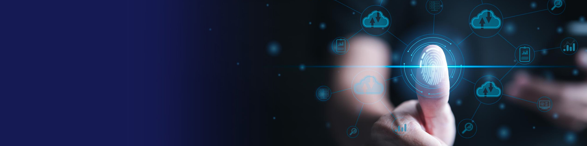 Finger touching a digital fingerprint scanner surrounded by cloud security icons