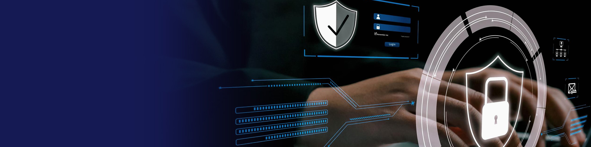 Hands on a laptop with digital padlock and shield security overlays