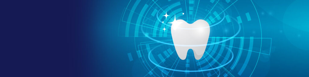 Glowing tooth icon on a blue digital dental technology background