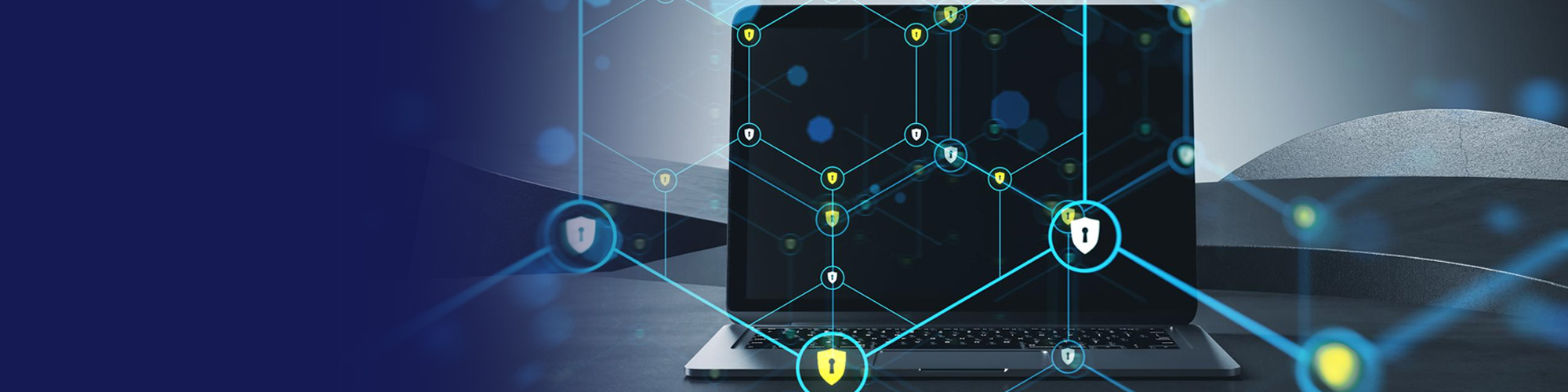 Laptop connected to a network of shield icons protecting endpoints