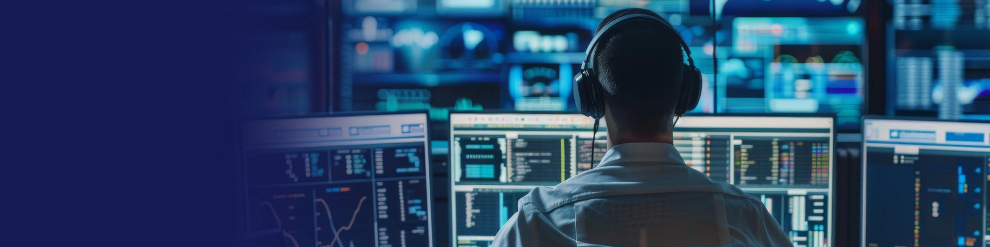 Security analyst wearing headphones monitoring multiple screens in a SOC