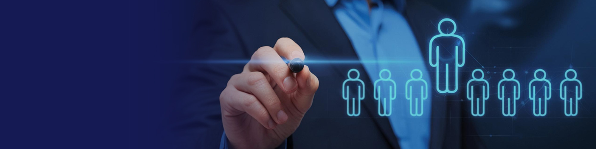 Hand drawing a highlighted person icon above a row of employee icons