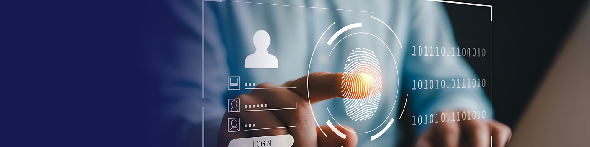 Finger touching a fingerprint scanner on a digital login screen