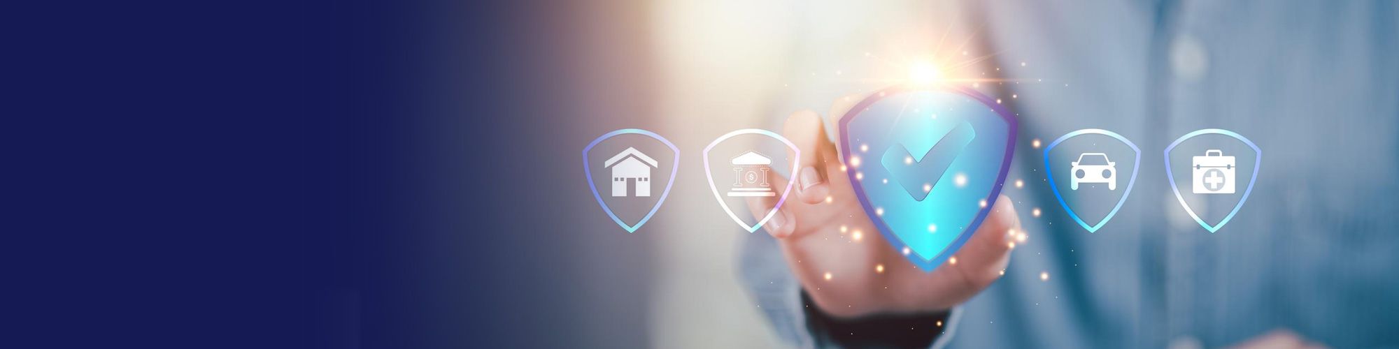 Hand touching a protective shield icon among home, car and health insurance icons