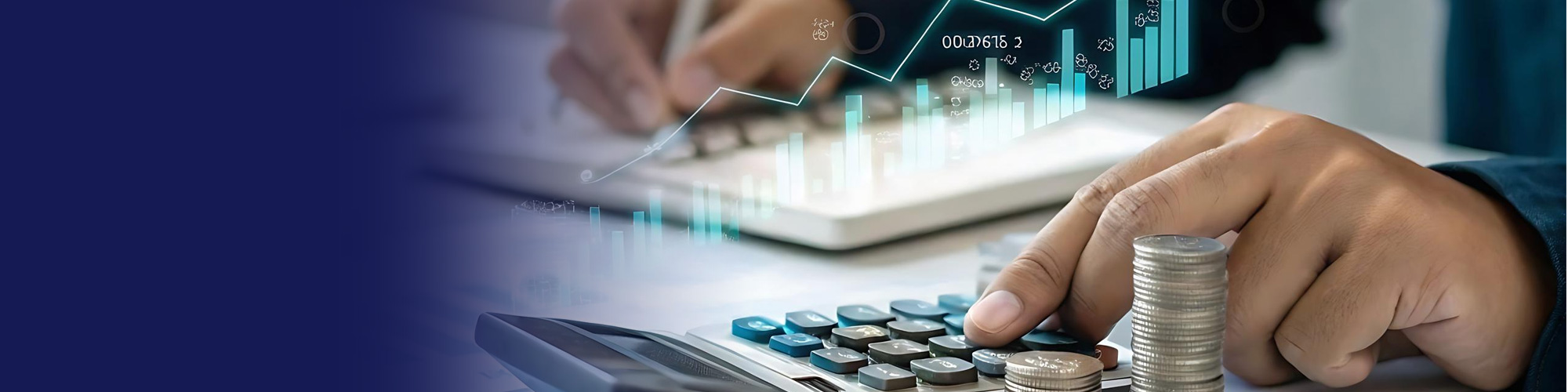 Hand stacking coins beside a calculator and a growth chart