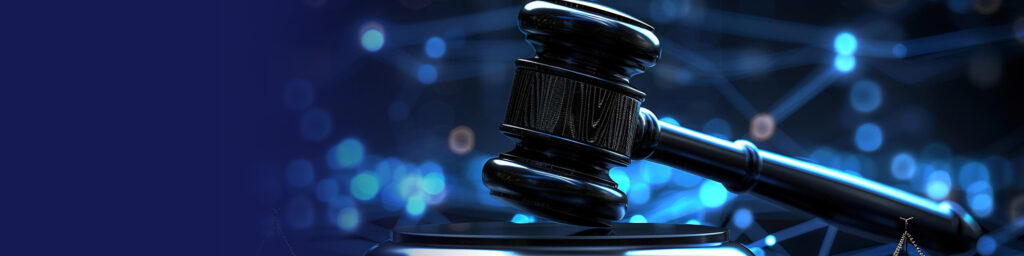 Judge's gavel on a digital network background
