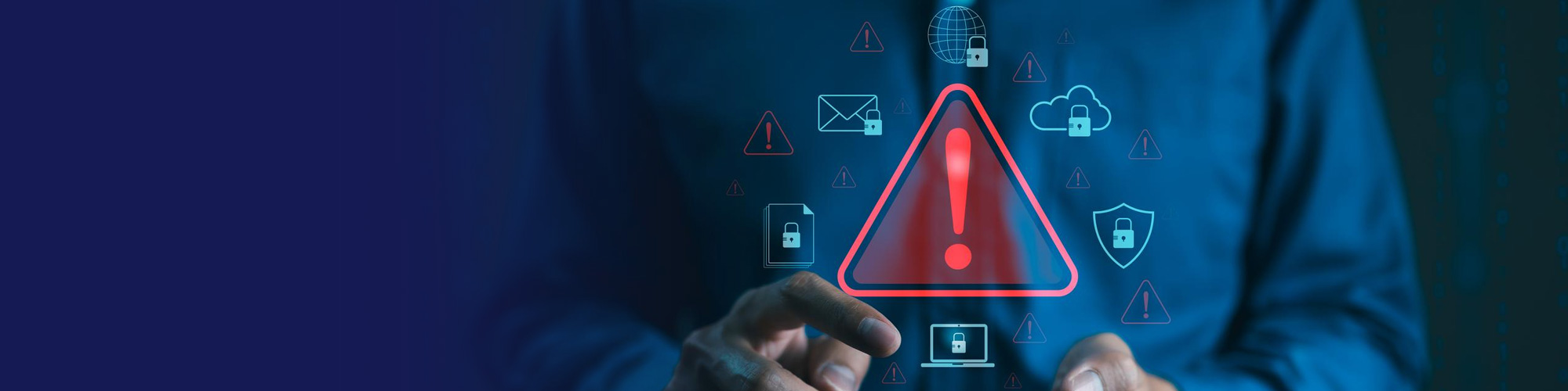 Person touching a red warning icon surrounded by cyber threat alerts