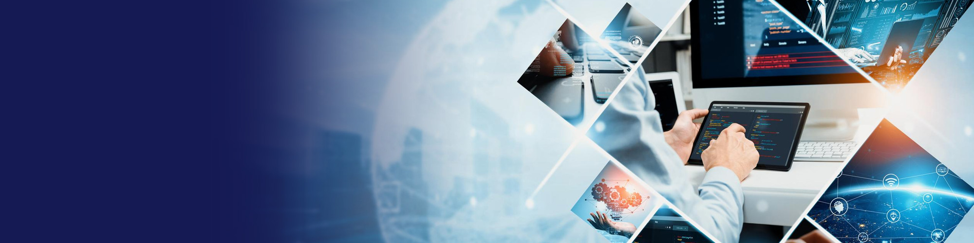 Business professional using a tablet surrounded by connected technology icons
