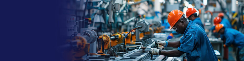Factory workers in hard hats operating machinery on a production line
