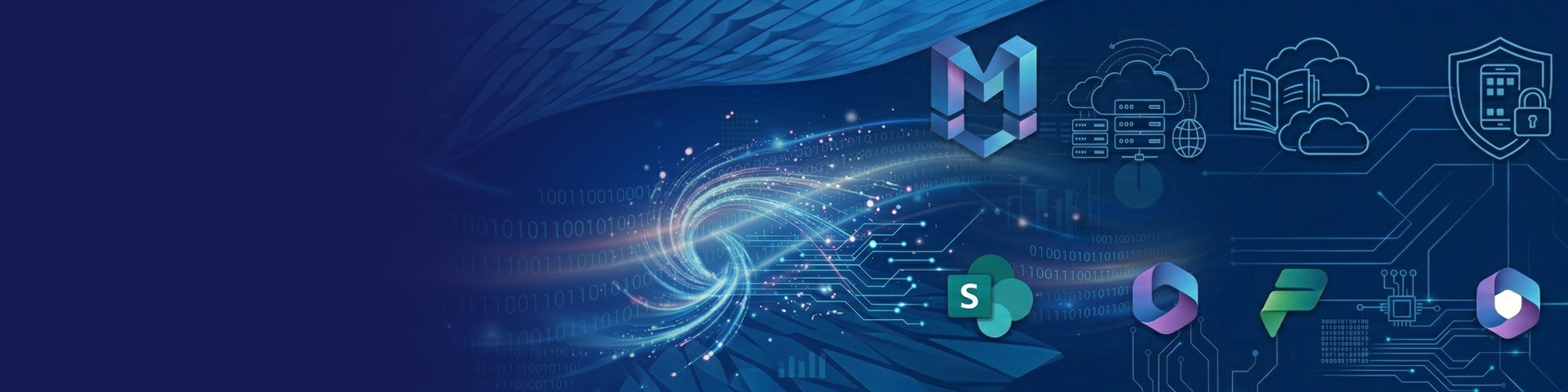 Microsoft 365 app icons over a digital cloud network background