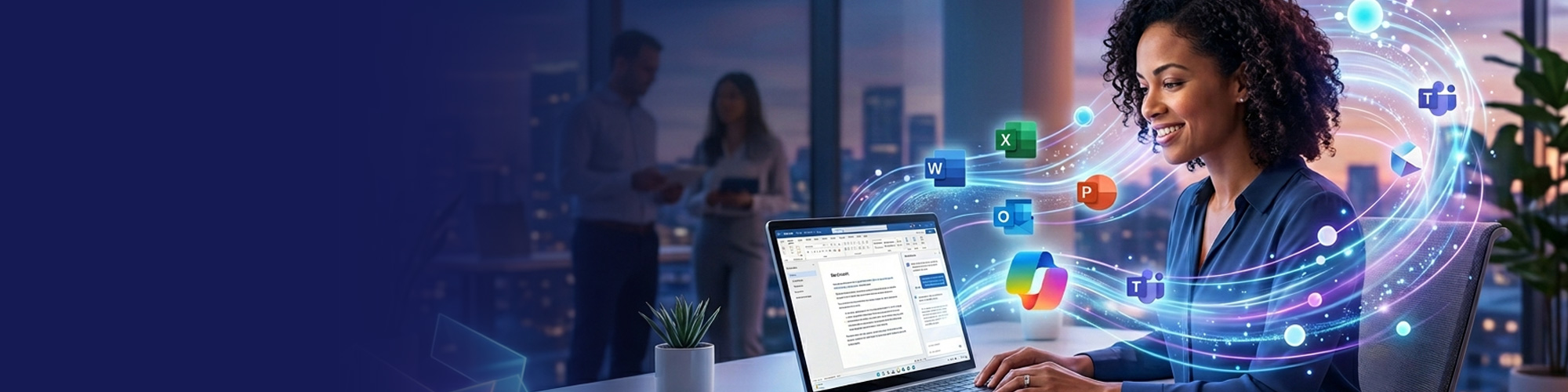Professional using Microsoft Copilot and Microsoft 365 apps on a laptop