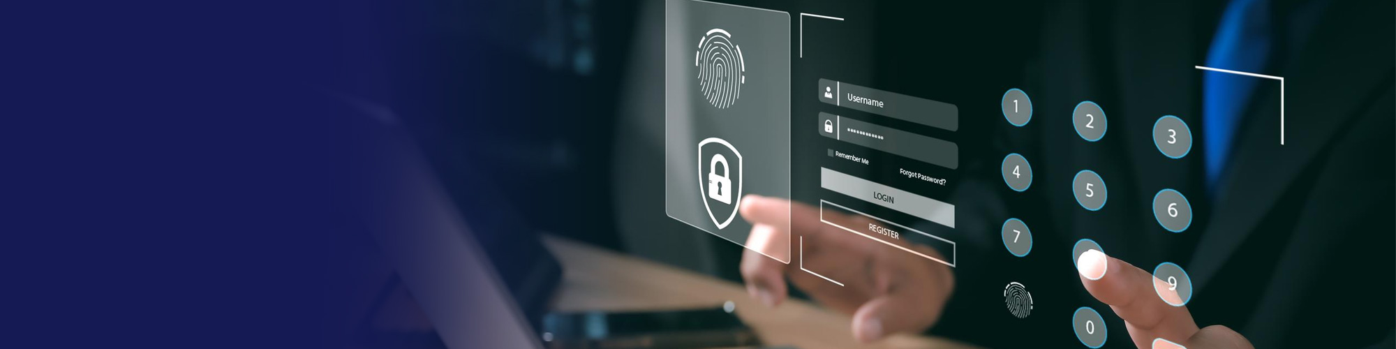 Finger entering a code on a digital keypad beside a fingerprint login screen