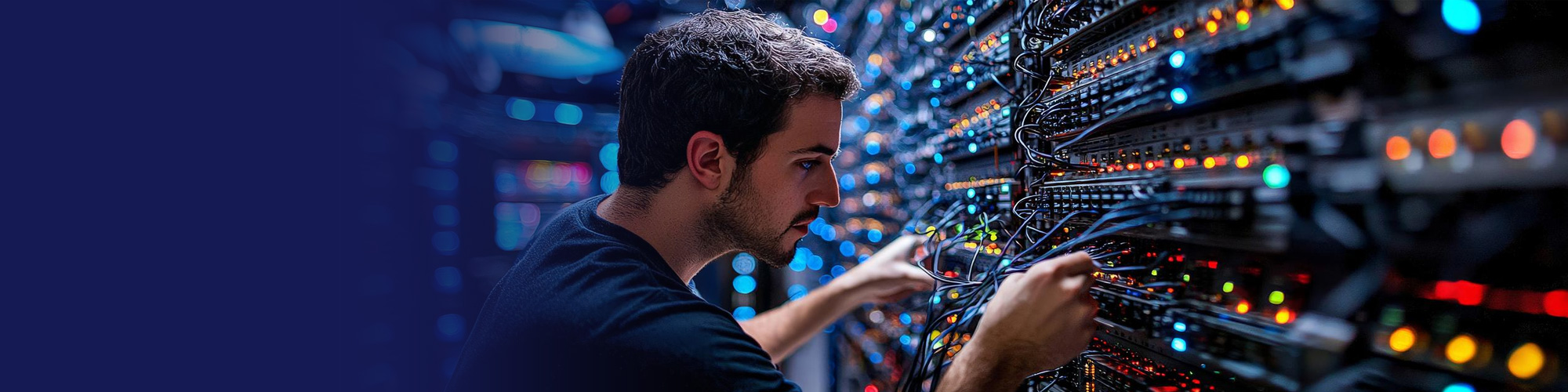 Network engineer working on cables in a server rack
