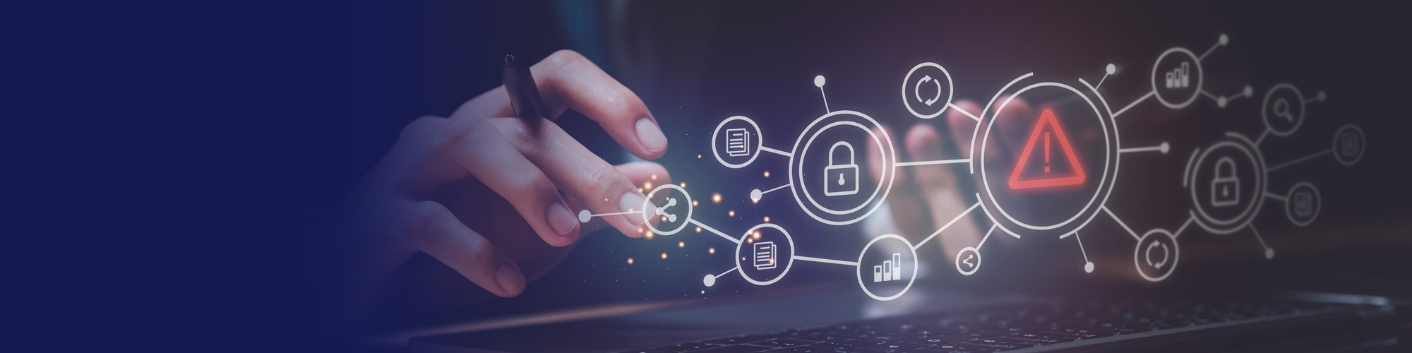 Hand touching a network of security icons with a red warning symbol