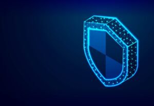 Glowing digital security shield on a dark blue background