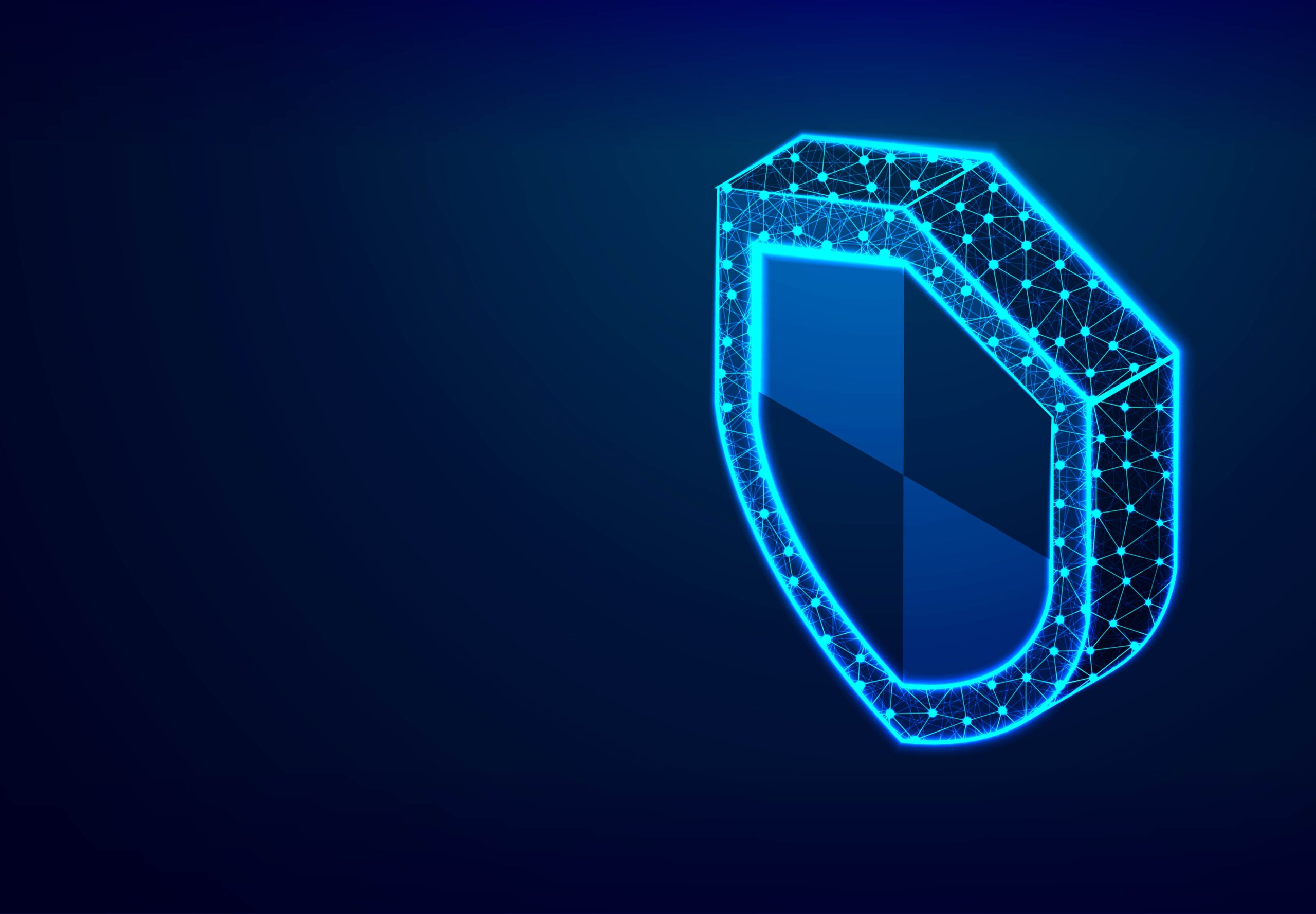 Glowing digital security shield on a dark blue background