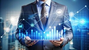 Businessman holding a tablet with digital growth charts and data icons