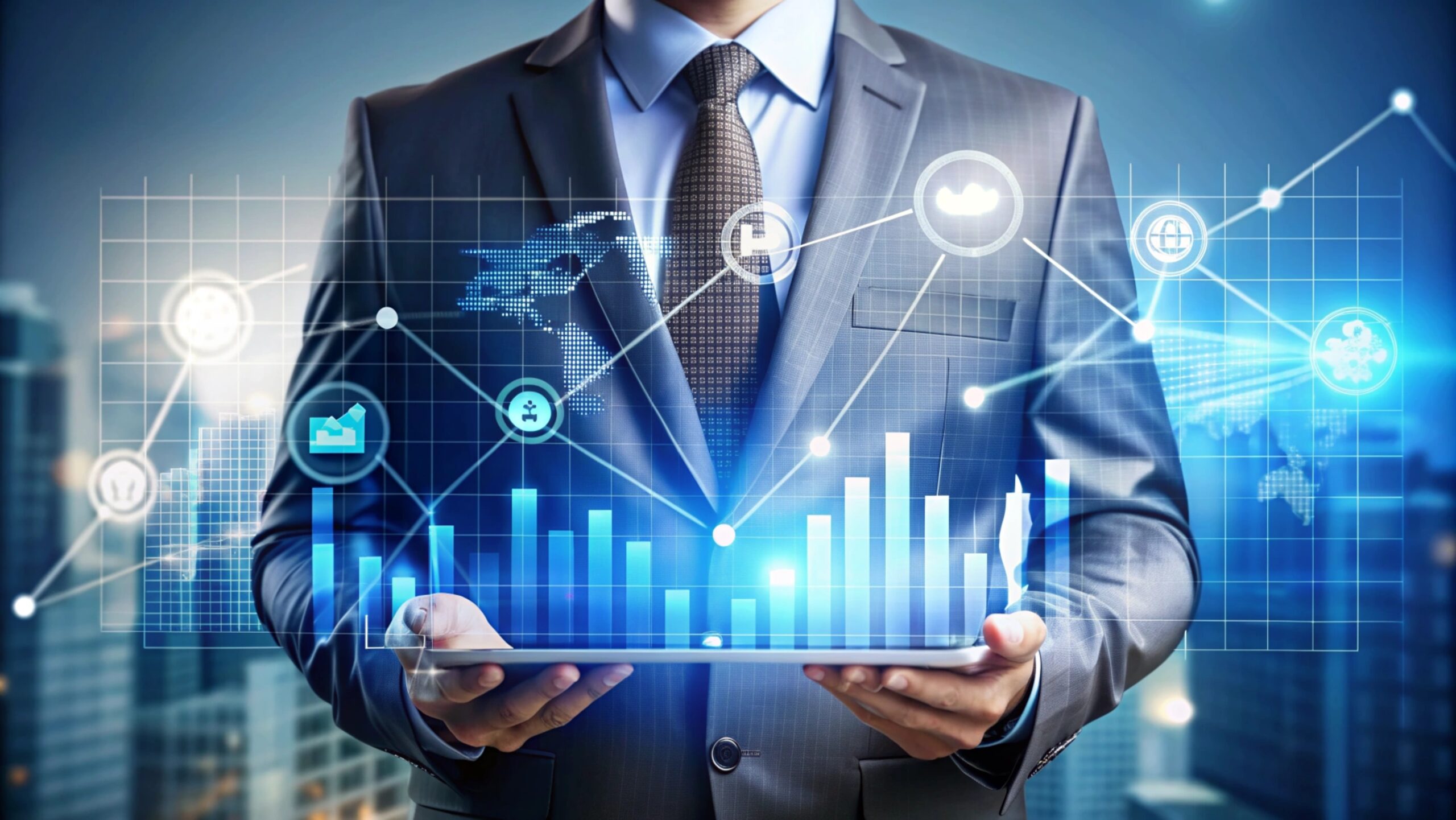 Businessman holding a tablet with digital growth charts and data icons