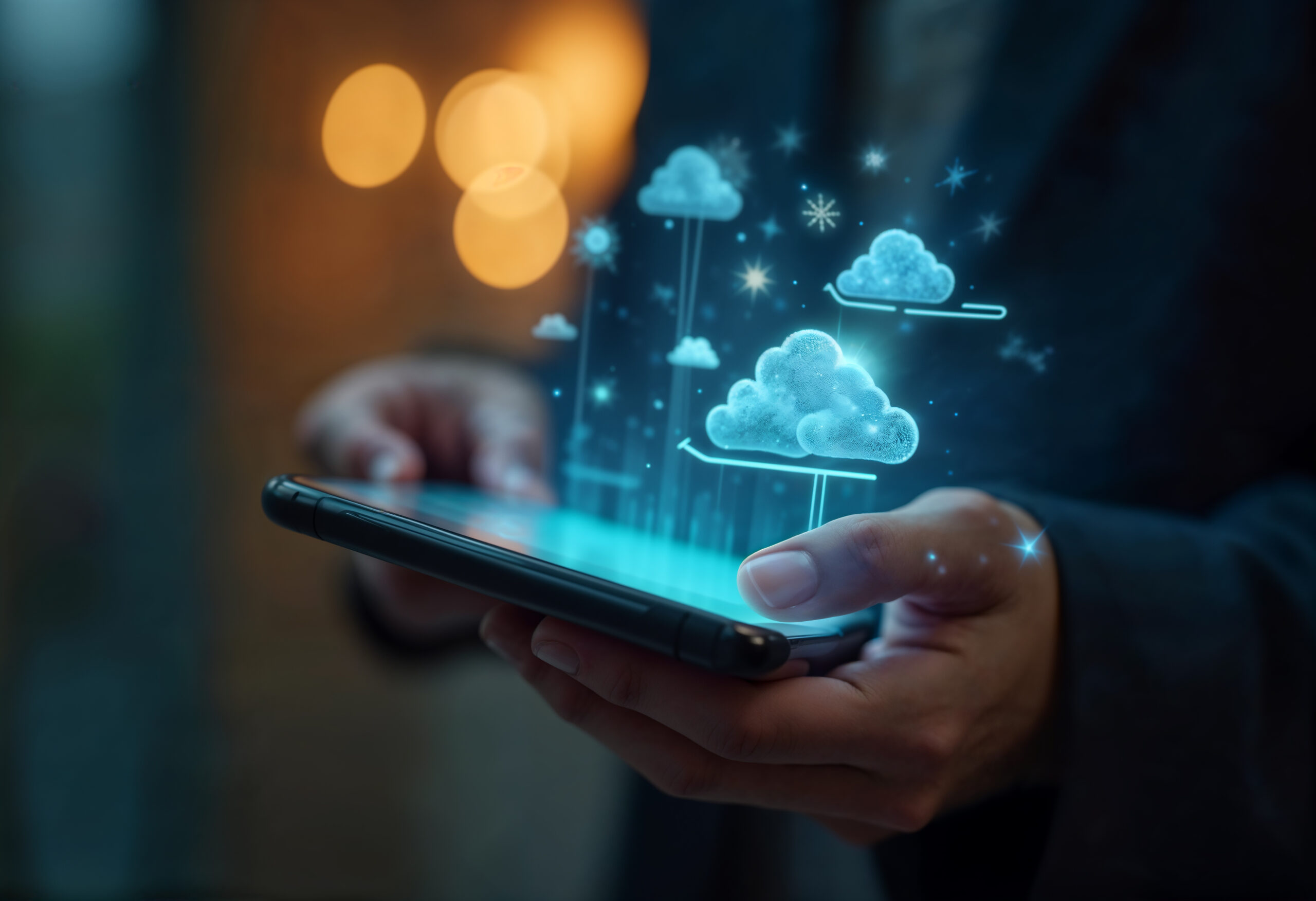 Hand holding a smartphone with floating cloud app icons